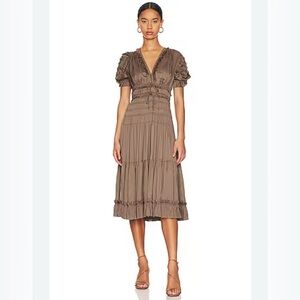 Ulla Johnson Brown Tiered V‑Neck Midi Dress